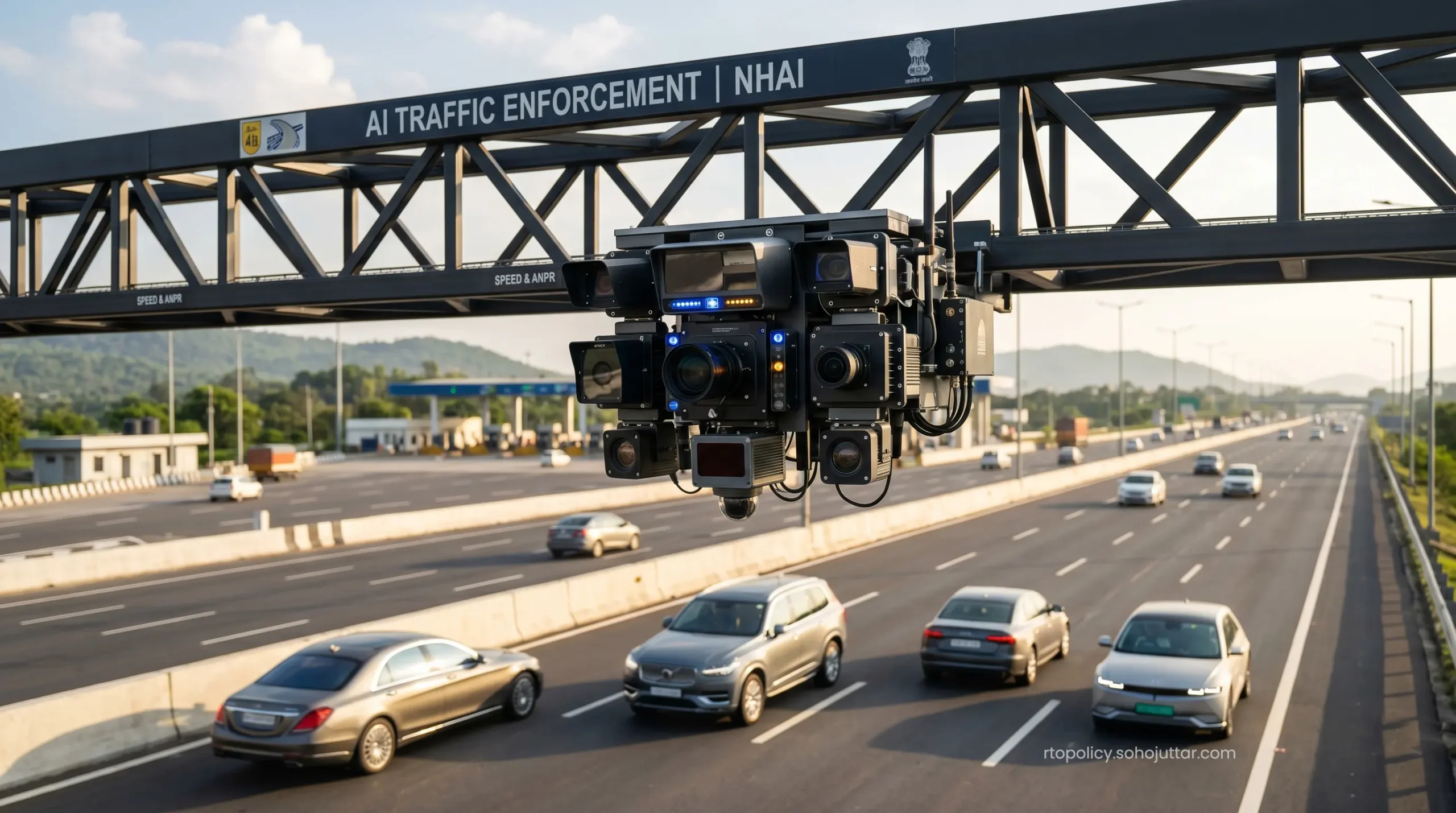 Advanced automated ANPR camera system tracking vehicle registration plates on a high-speed expressway.