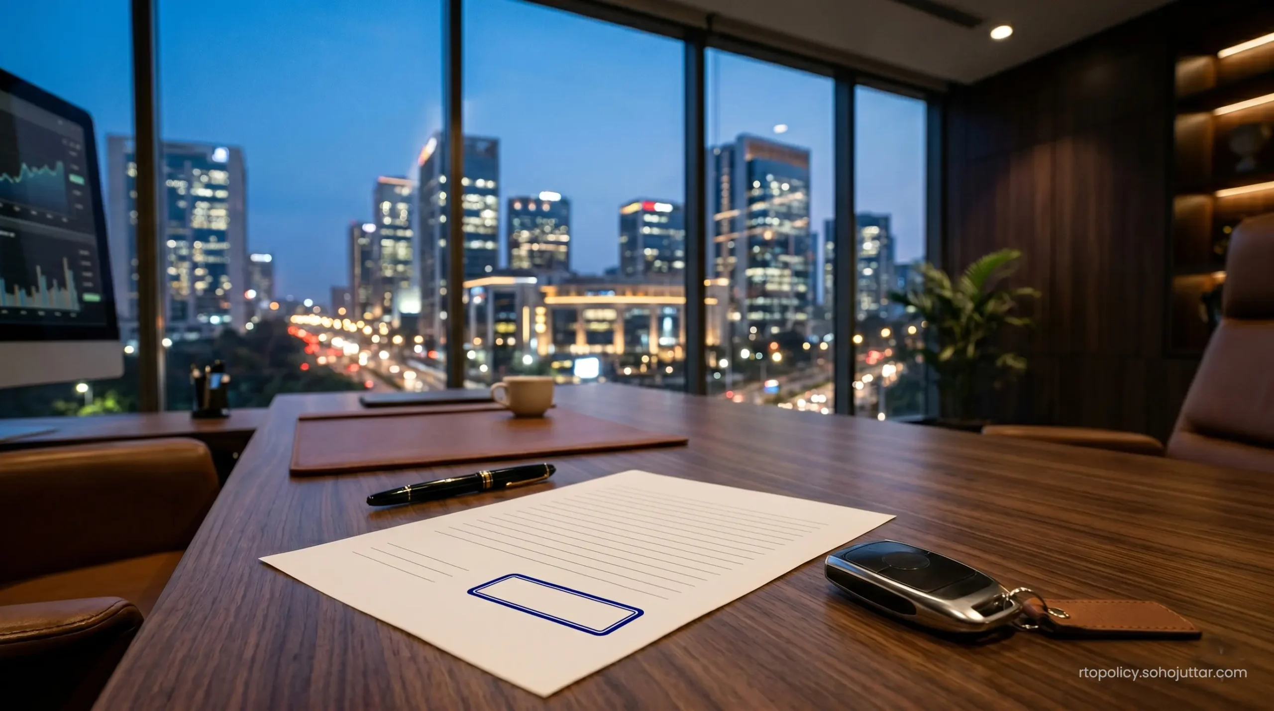 Stamped vehicle finance options documents next to a luxury car smart remote on a reflective mahogany desk.