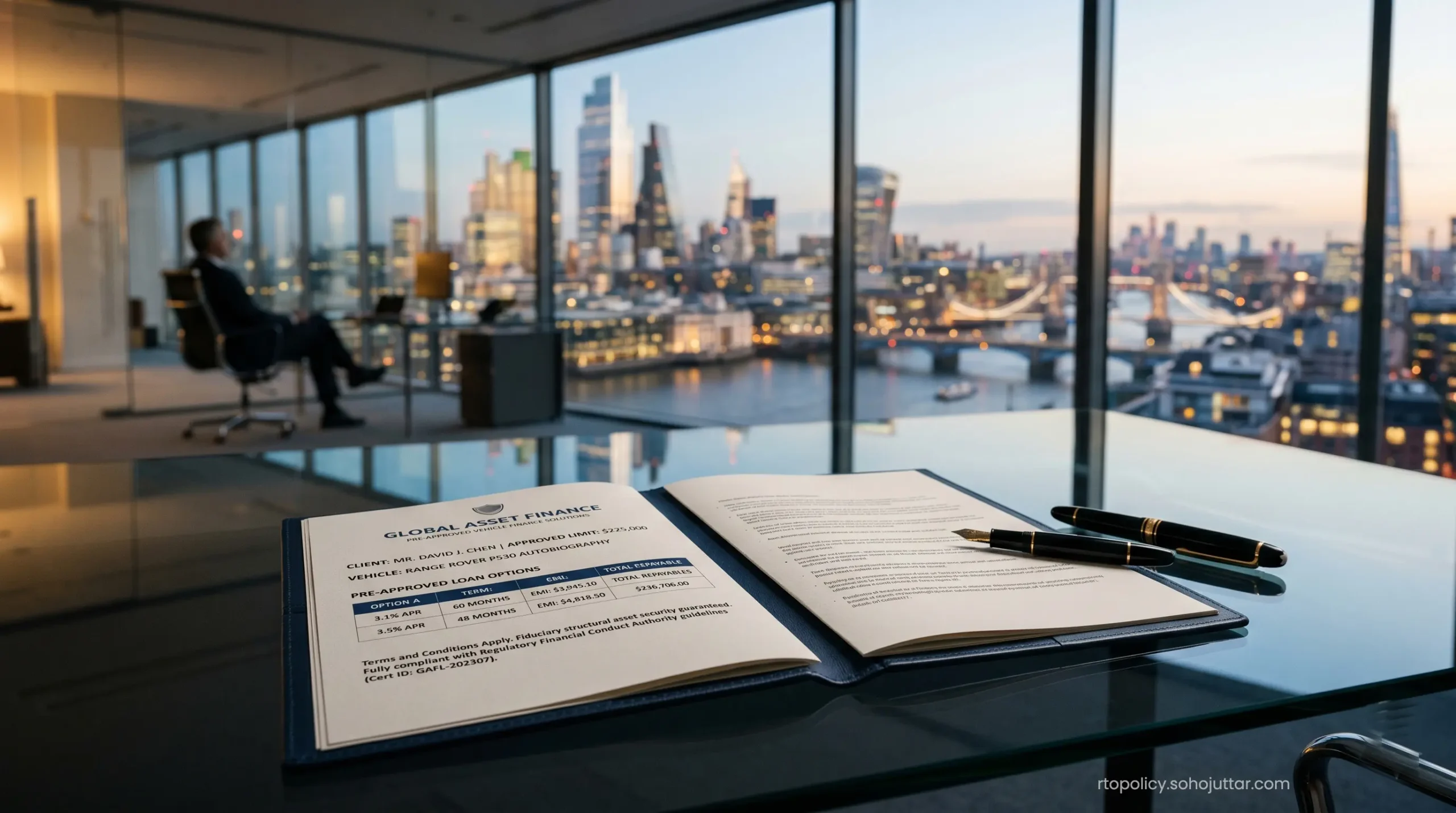 Approved vehicle finance documents with official stamps placed next to a luxury vehicle keyless remote on a glass desk.