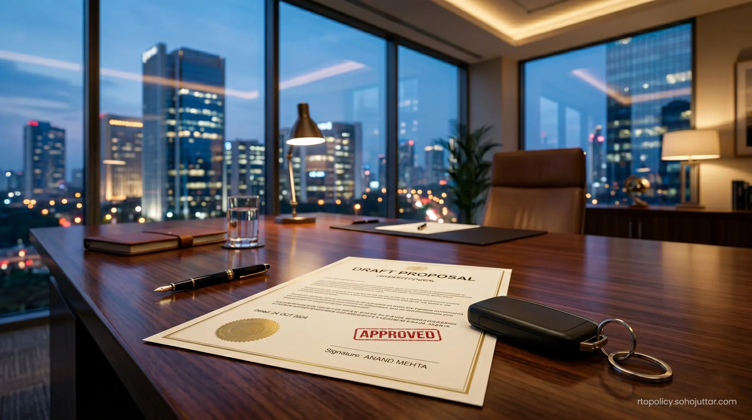 Pre-approved vehicle finance options contracts next to a modern vehicle keyless remote on an executive desk.