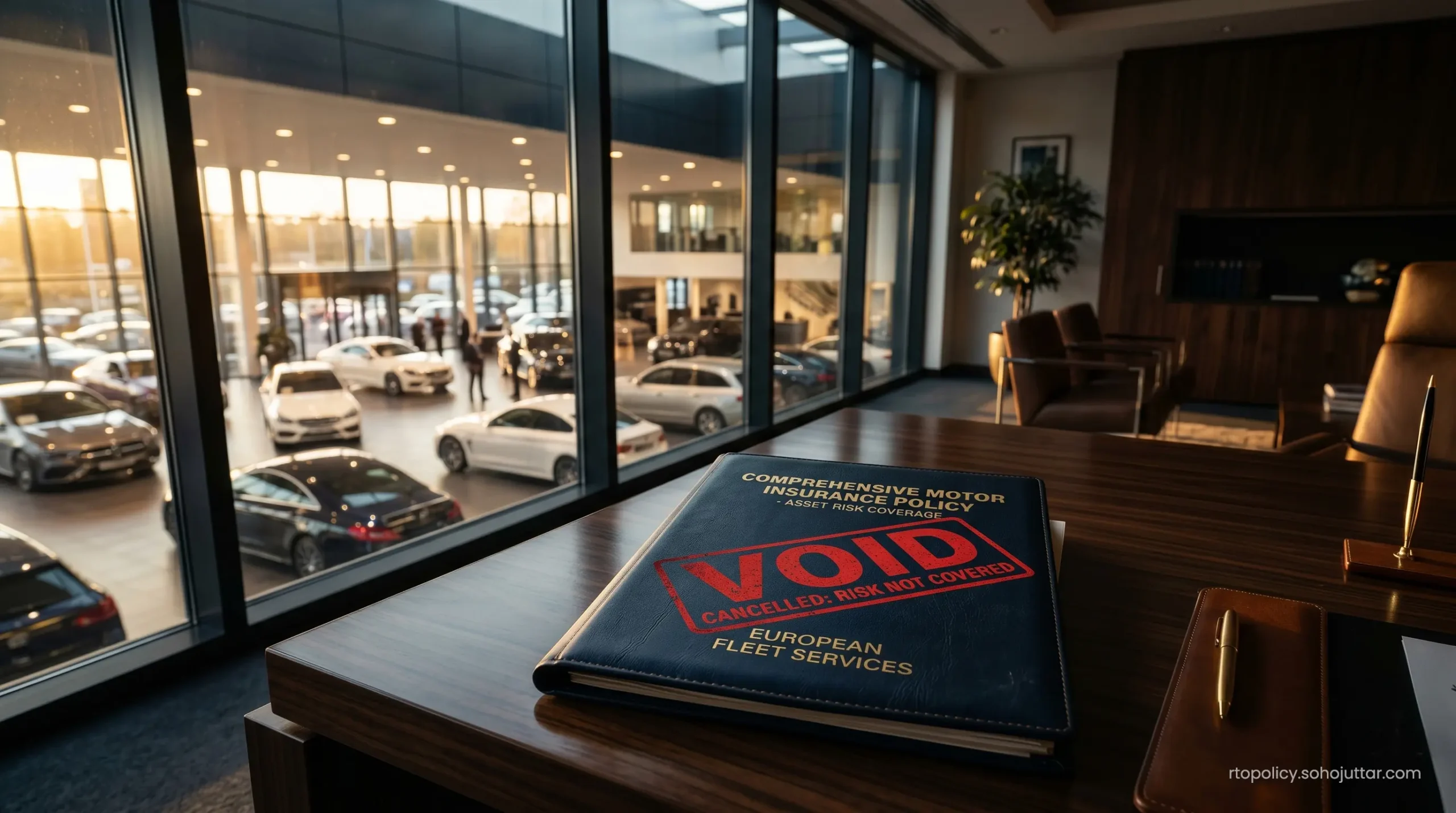 An official comprehensive motor insurance policy documentation folder stamped with a void status resting on an executive desk.