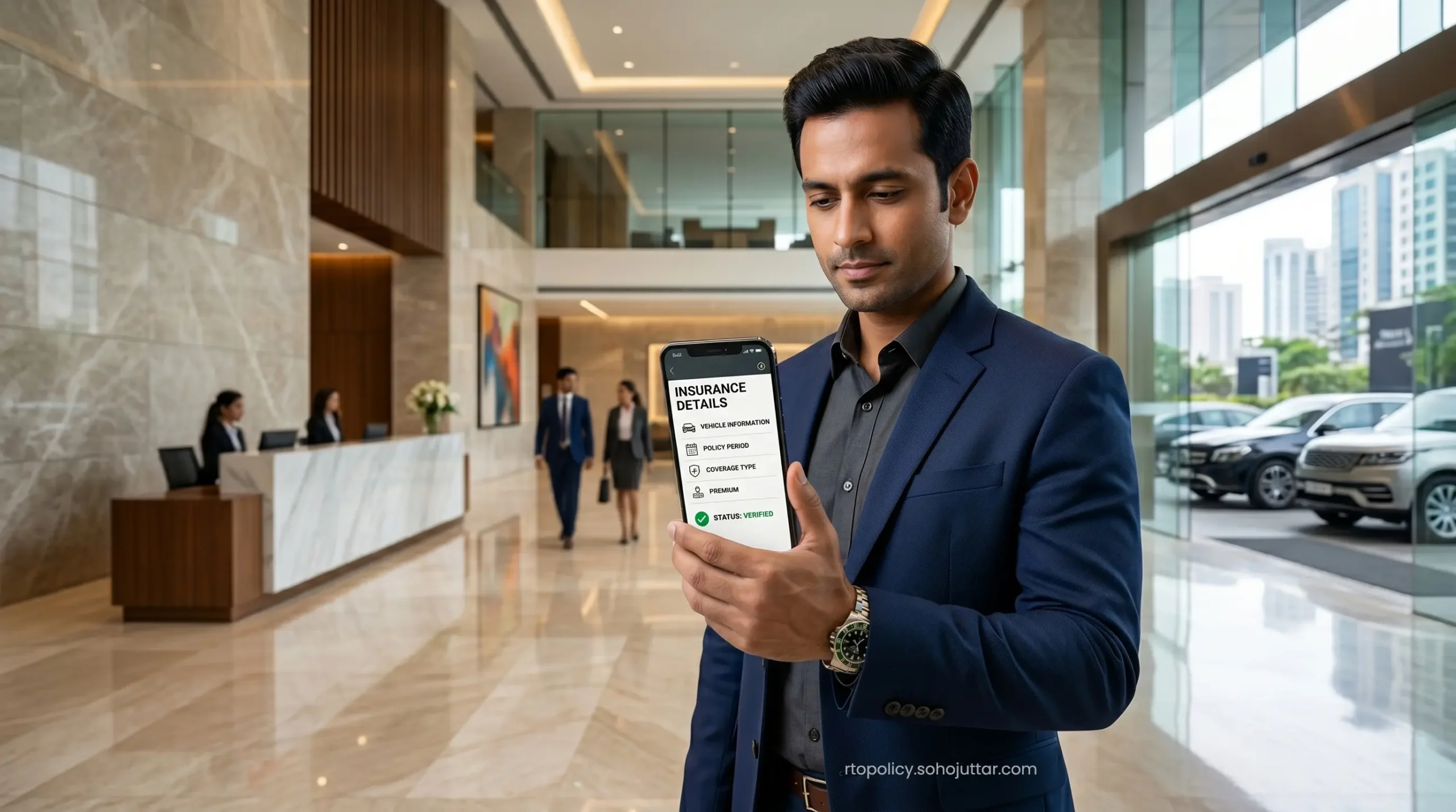 An official comprehensive motor insurance policy certificate being cross-verified with a digital Vahan profile.