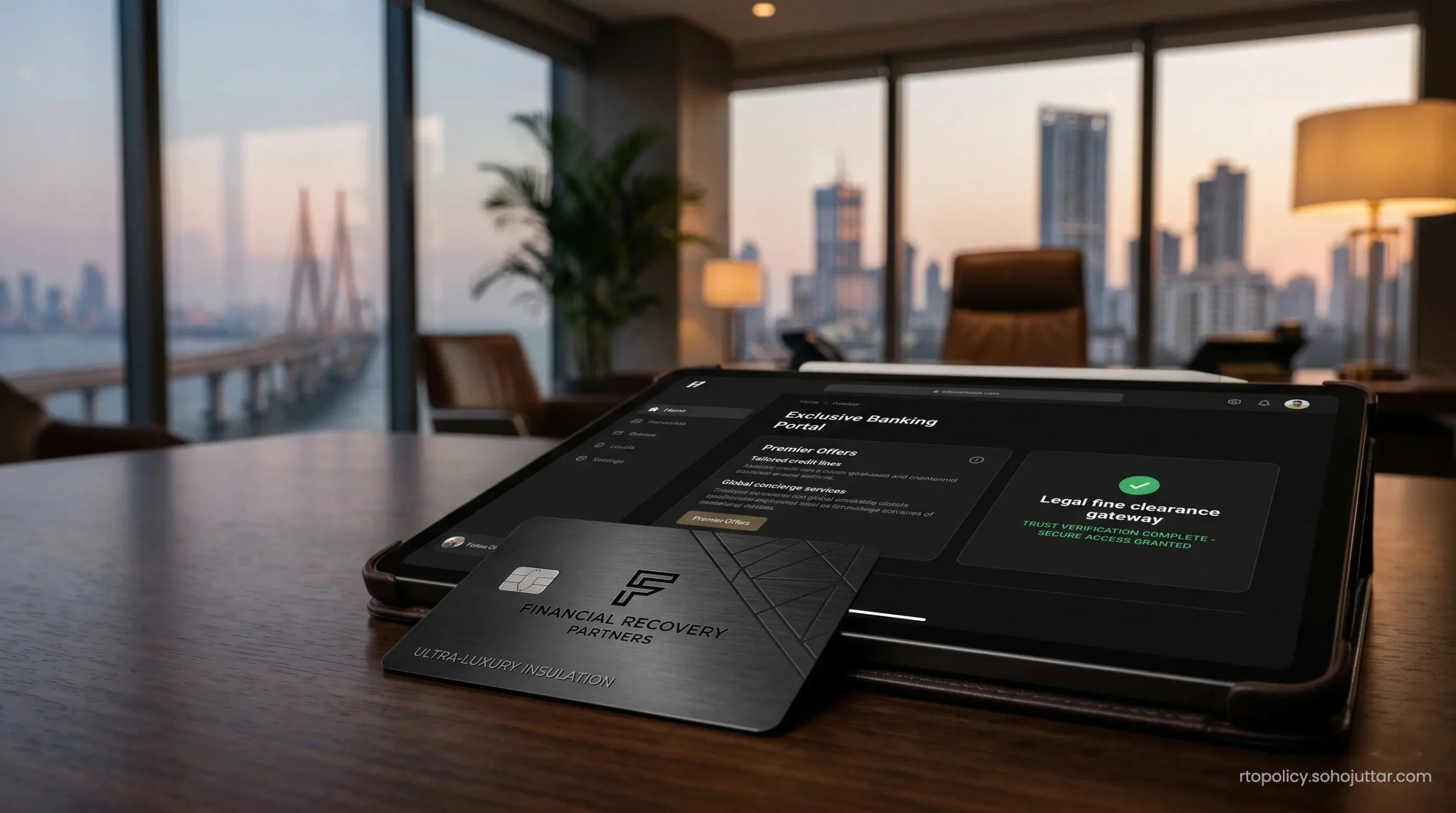 A heavy metal credit card resting on top of a digital banking app screen used for clearing suspension fines securely.