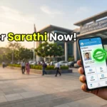 A premium smartphone screen displaying the official Sarathi portal dashboard for driving license services.