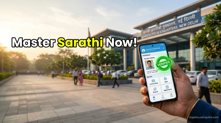 A premium smartphone screen displaying the official Sarathi portal dashboard for driving license services.