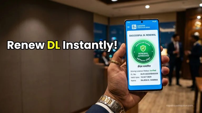 Digitally renewing an expired smart-card driving license on the official Sarathi portal using a smartphone.