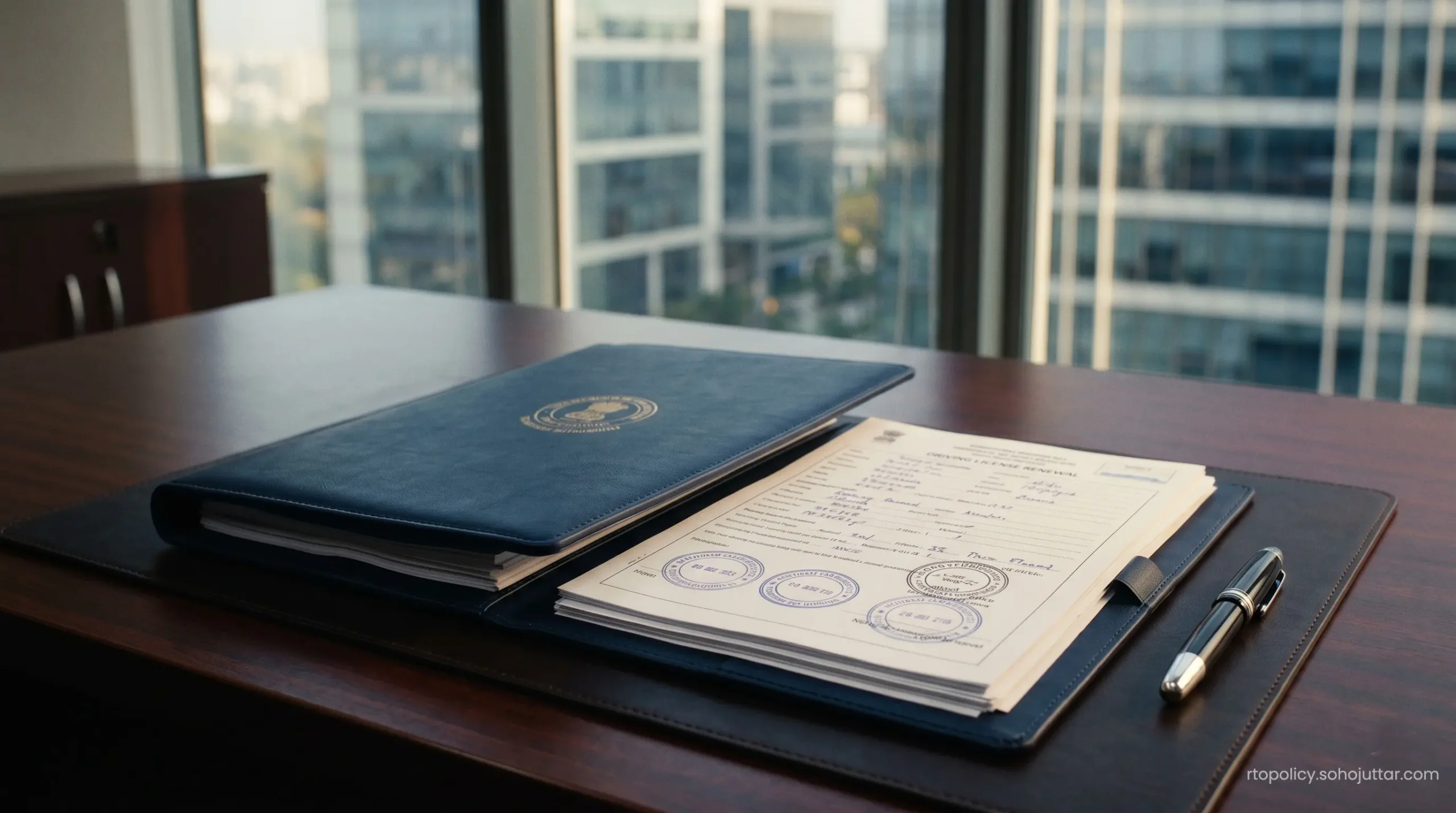 Official RTO Form 9 and Form 1A application sheets with physical stamps resting on an executive desk.