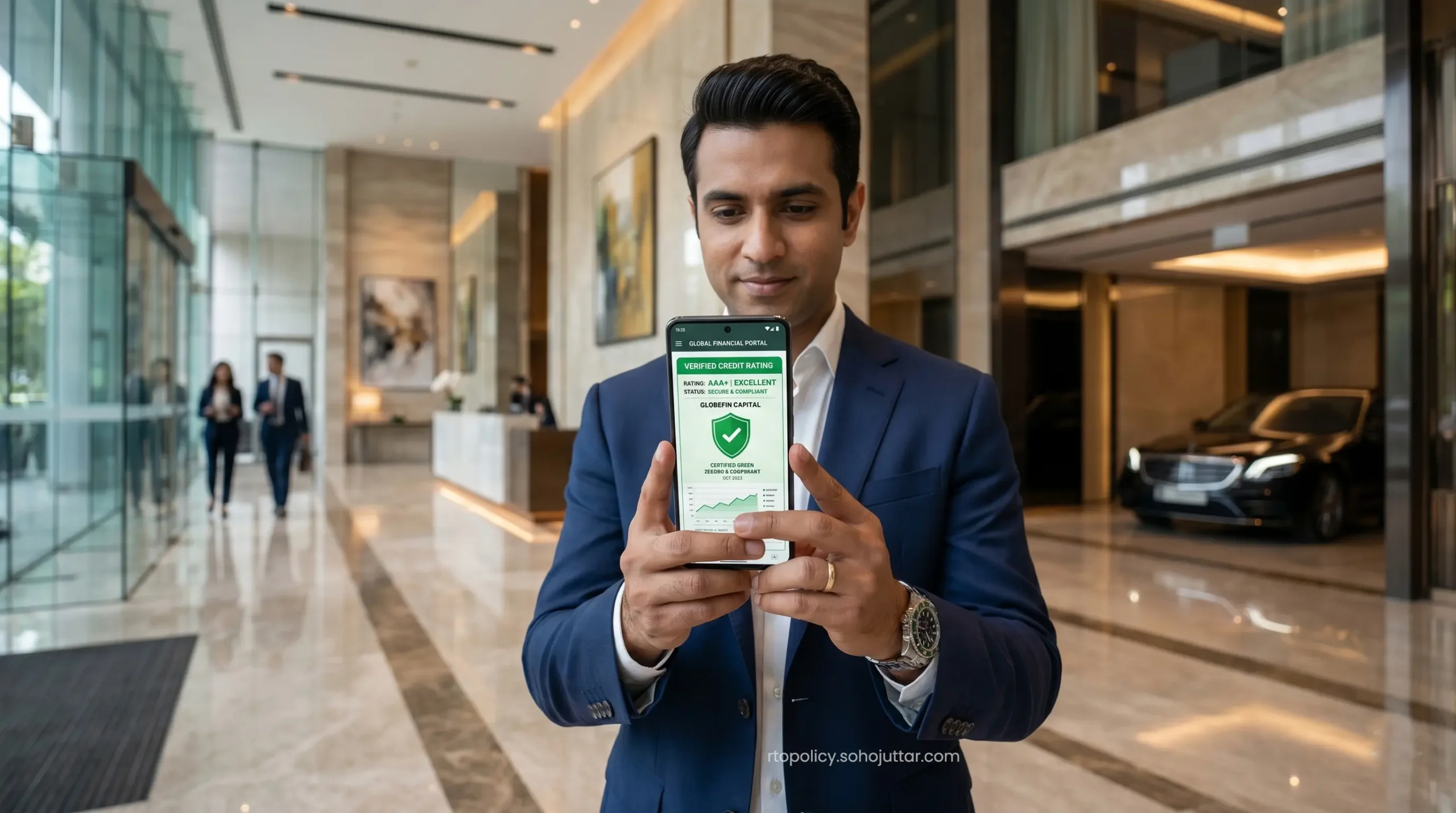Checking a perfect CIBIL score tracking profile on a high-end mobile device to unlock premium automotive loan brackets.