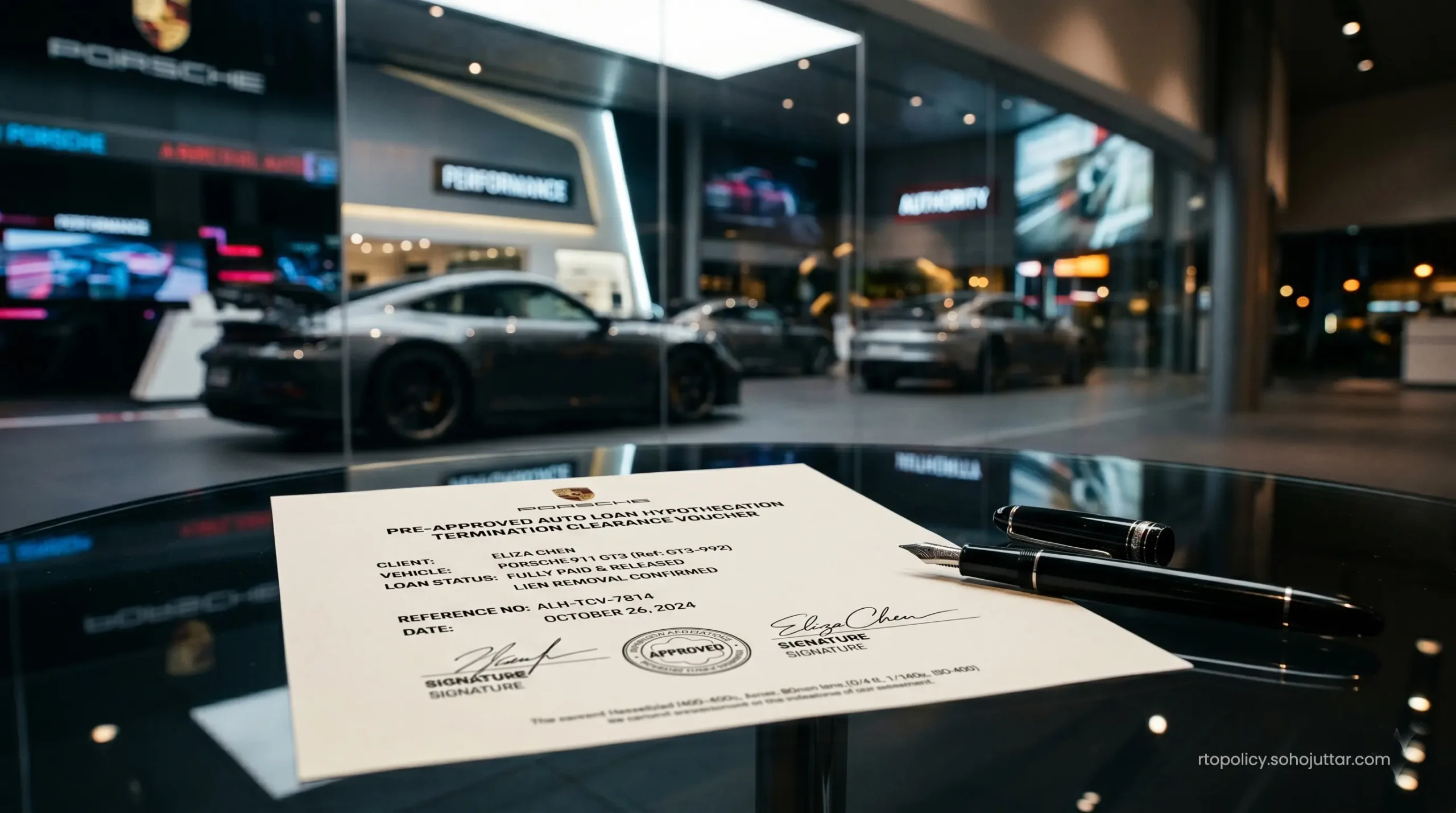 Bank auto loan hypothecation addition and removal process approval files on a glass executive table.