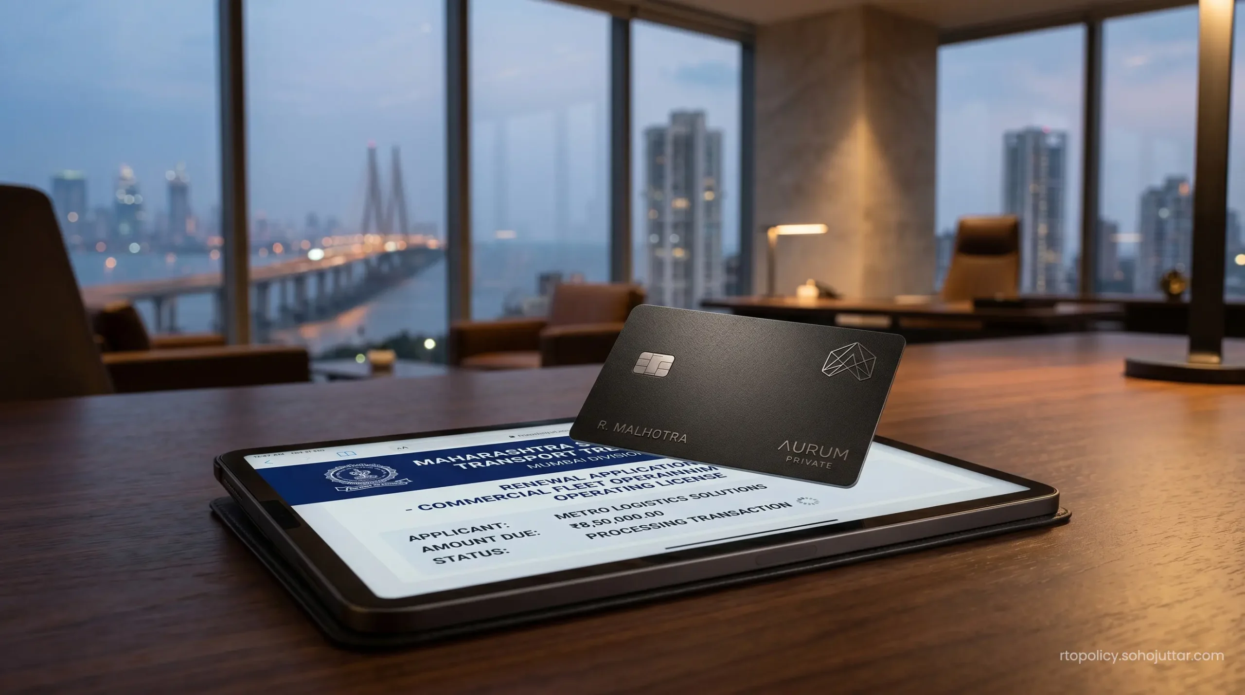Using a high-tier metallic credit card next to a digital tablet screen displaying RTO license fee clearances.