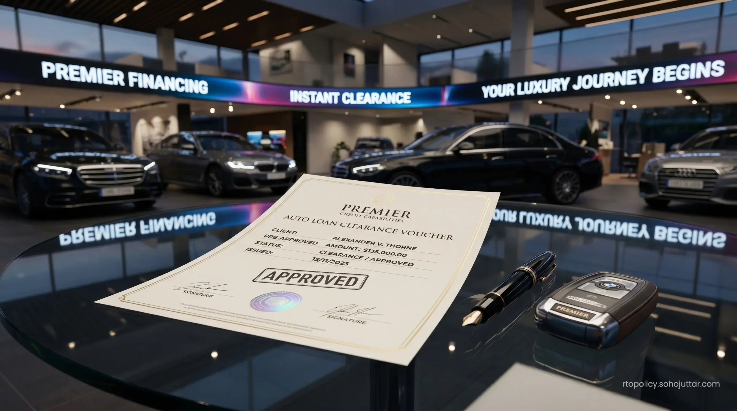 Stamped luxury auto loan hypothecation contracts next to a modern vehicle keyless remote on a glass desk.