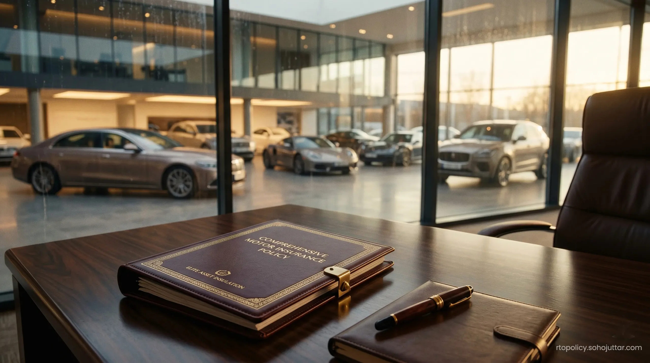 Reviewing a structured motor insurance renewal contract featuring maximum asset protection extensions on a glass desk.