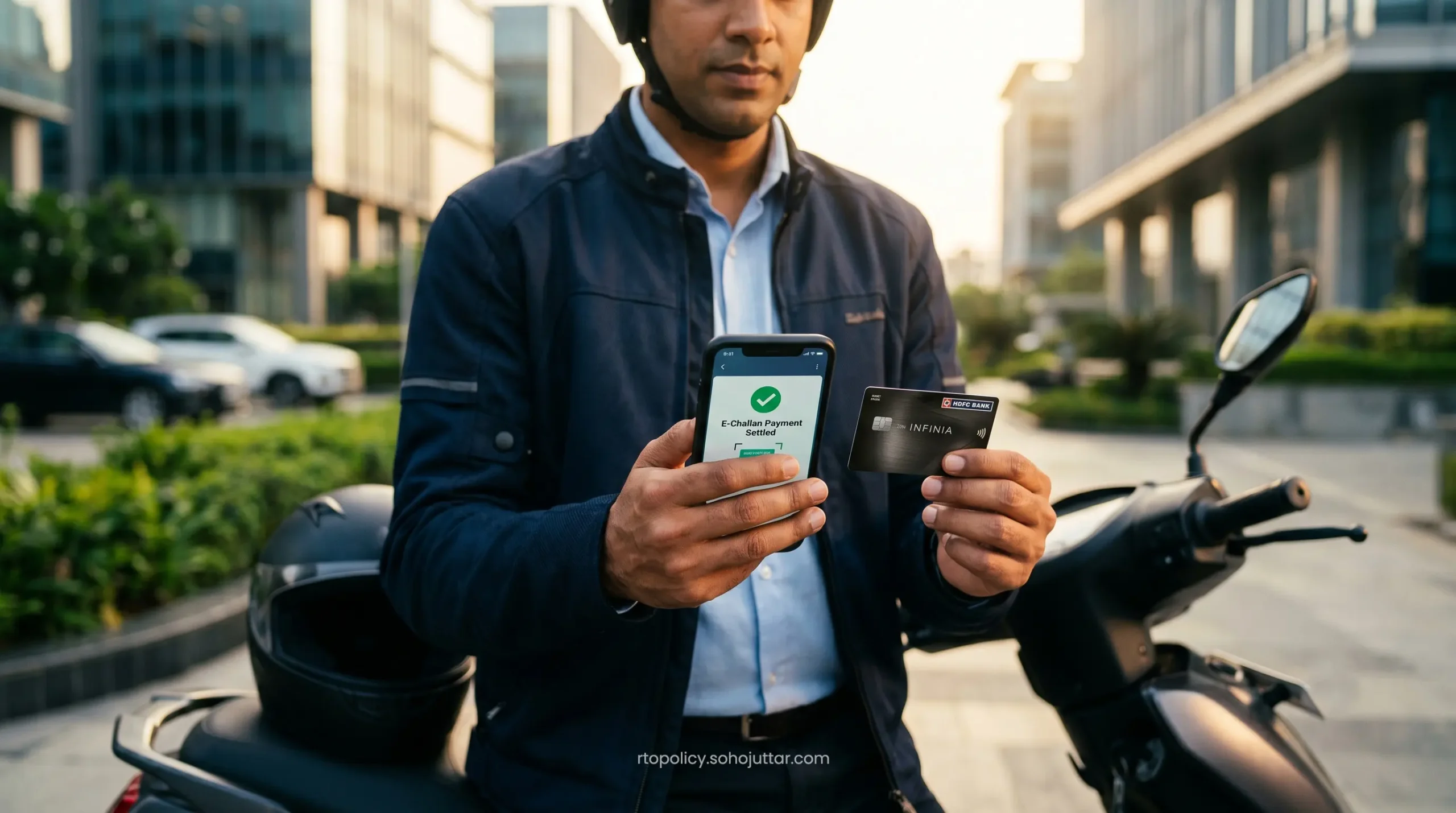 Paying an RTO traffic fine securely online using a modern credit card on a smartphone.