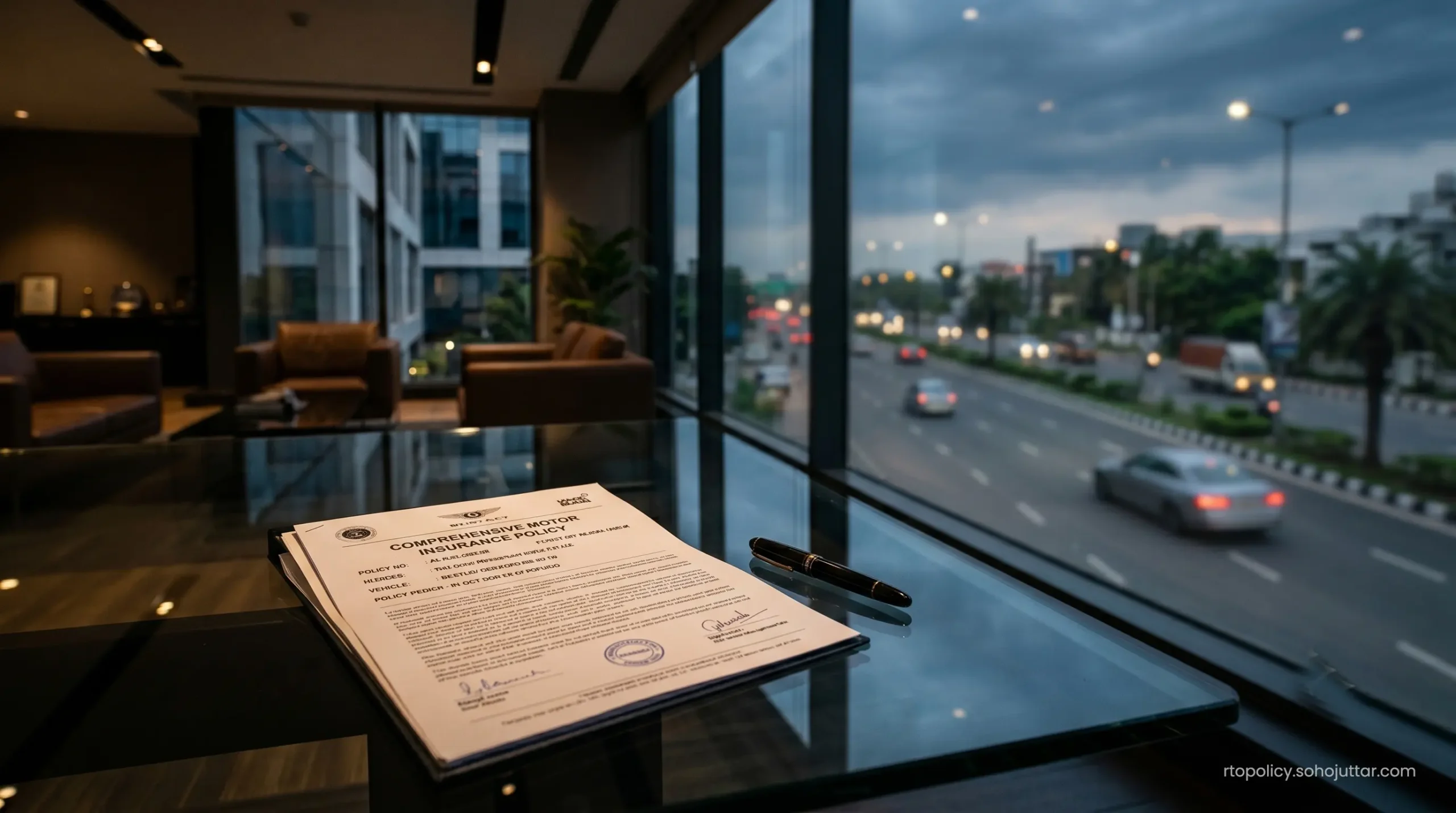 Reviewing a zero-depreciation motor insurance policy renewal copy after a traffic compliance check.
