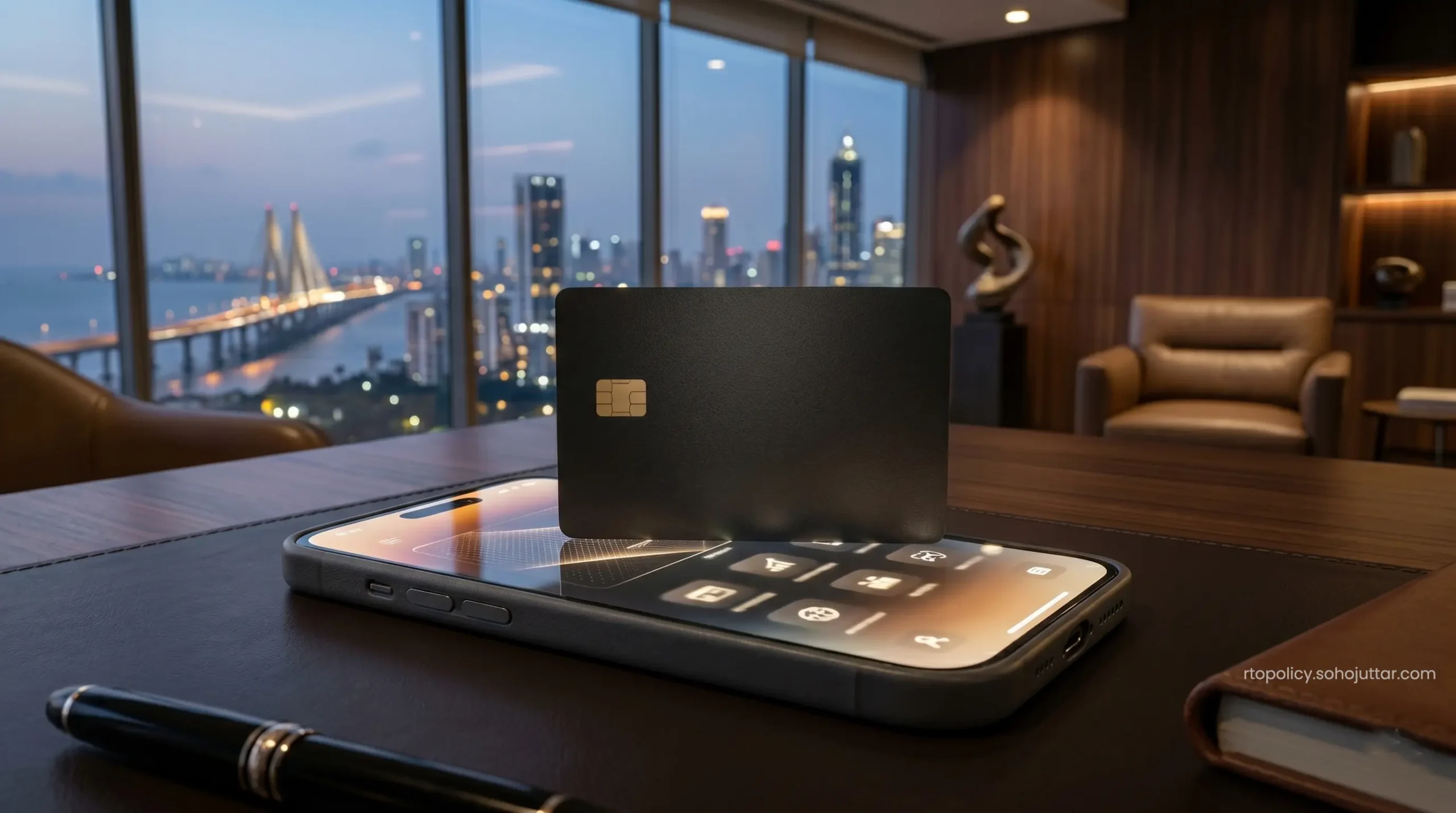 A heavy metallic credit card resting over a digital dashboard showing synchronized banking and transport identity profiles.