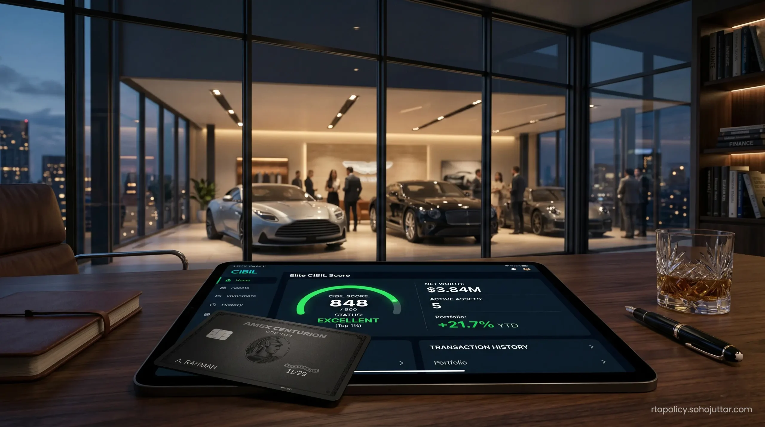 A pristine CIBIL score report displayed on a tablet next to a high-tier metal credit card.