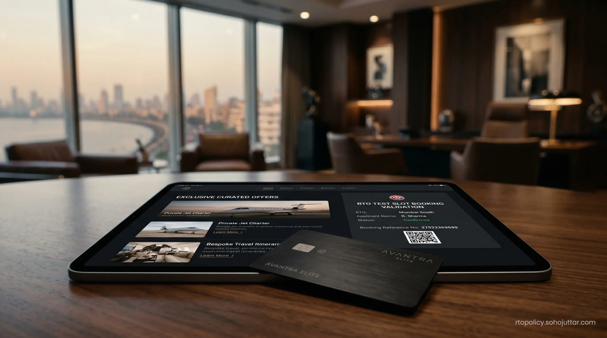 A heavy metallic credit card resting over a tablet interface processing an official slot booking on Sarathi Parivahan.