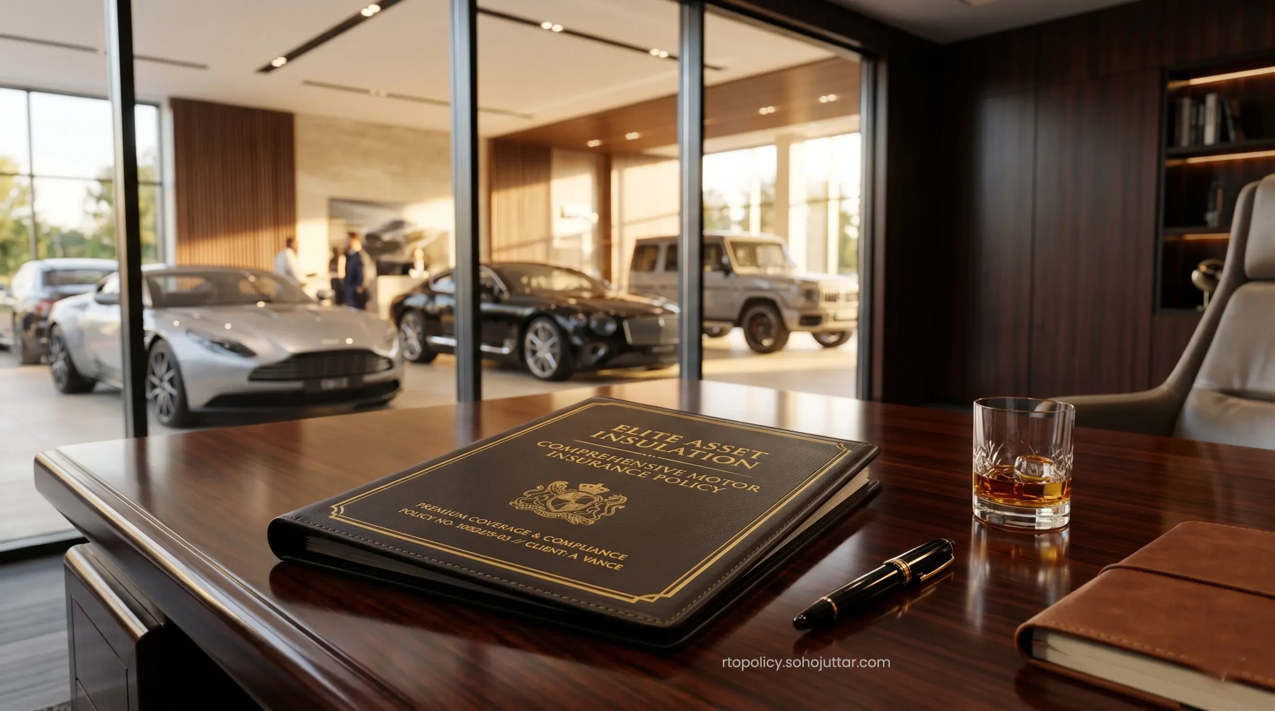 An official approved comprehensive motor insurance policy documentation folder resting on an executive desk.