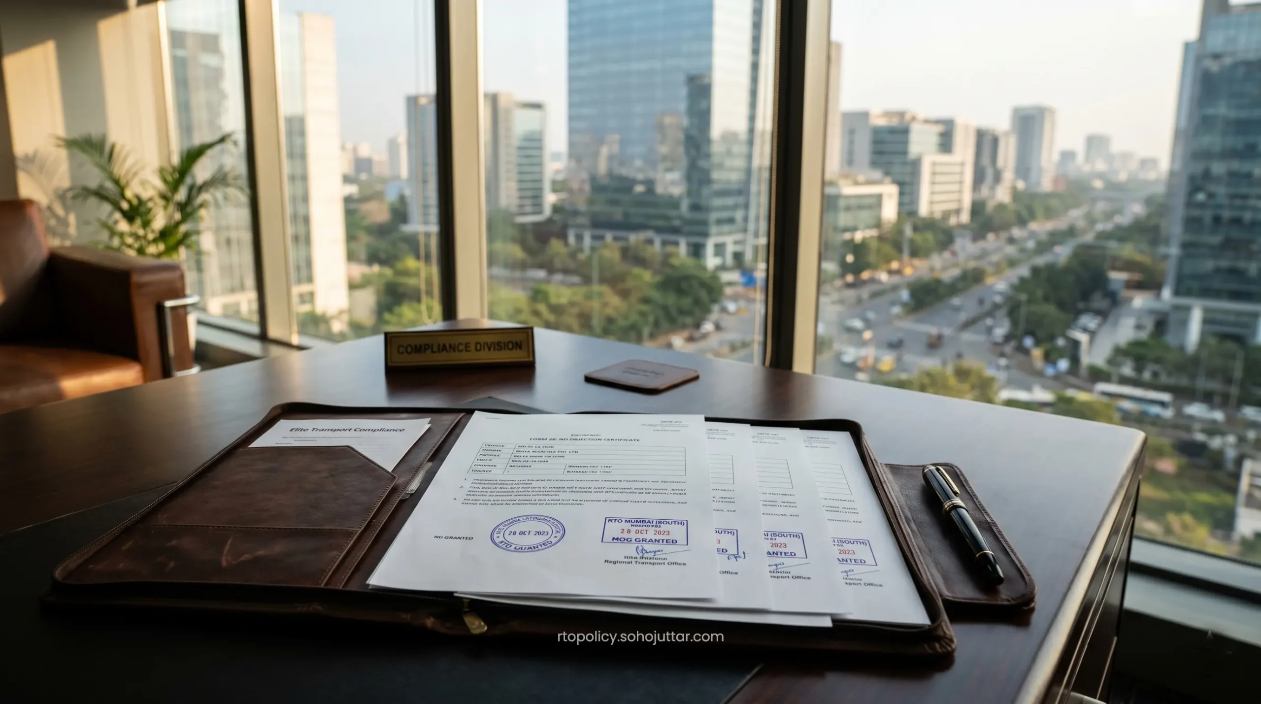 Official RTO Form 28 application sheets and vehicle transfer folders with physical stamps resting on an executive desk.