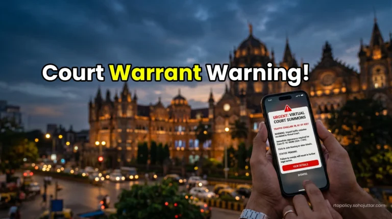 A stark digital warning interface highlighting an unpaid traffic challan escalation to a virtual court on a premium smartphone.