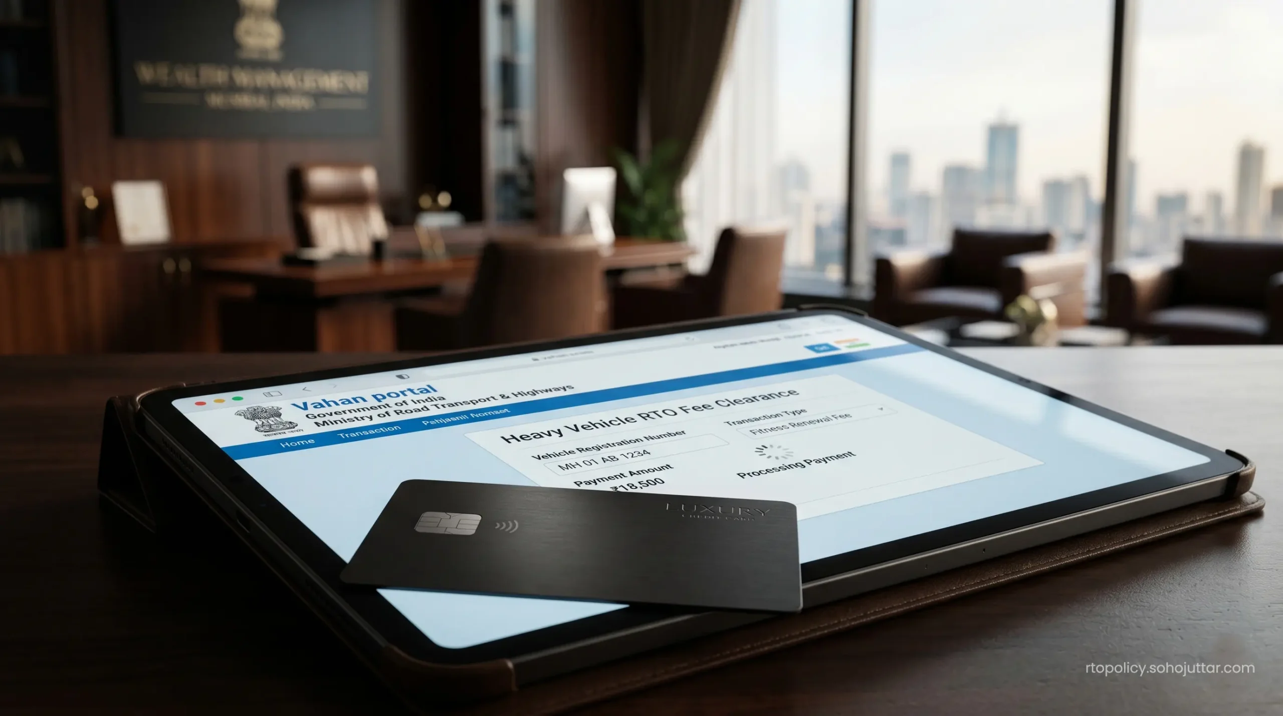 Clearing official Vahan portal registration and processing fees using a premium metallic credit card.