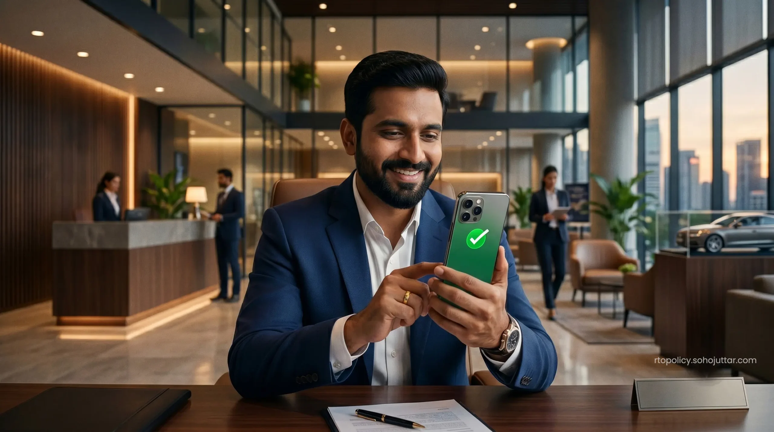 Checking the Vahan portal on a premium smartphone for auto finance hypothecation details.