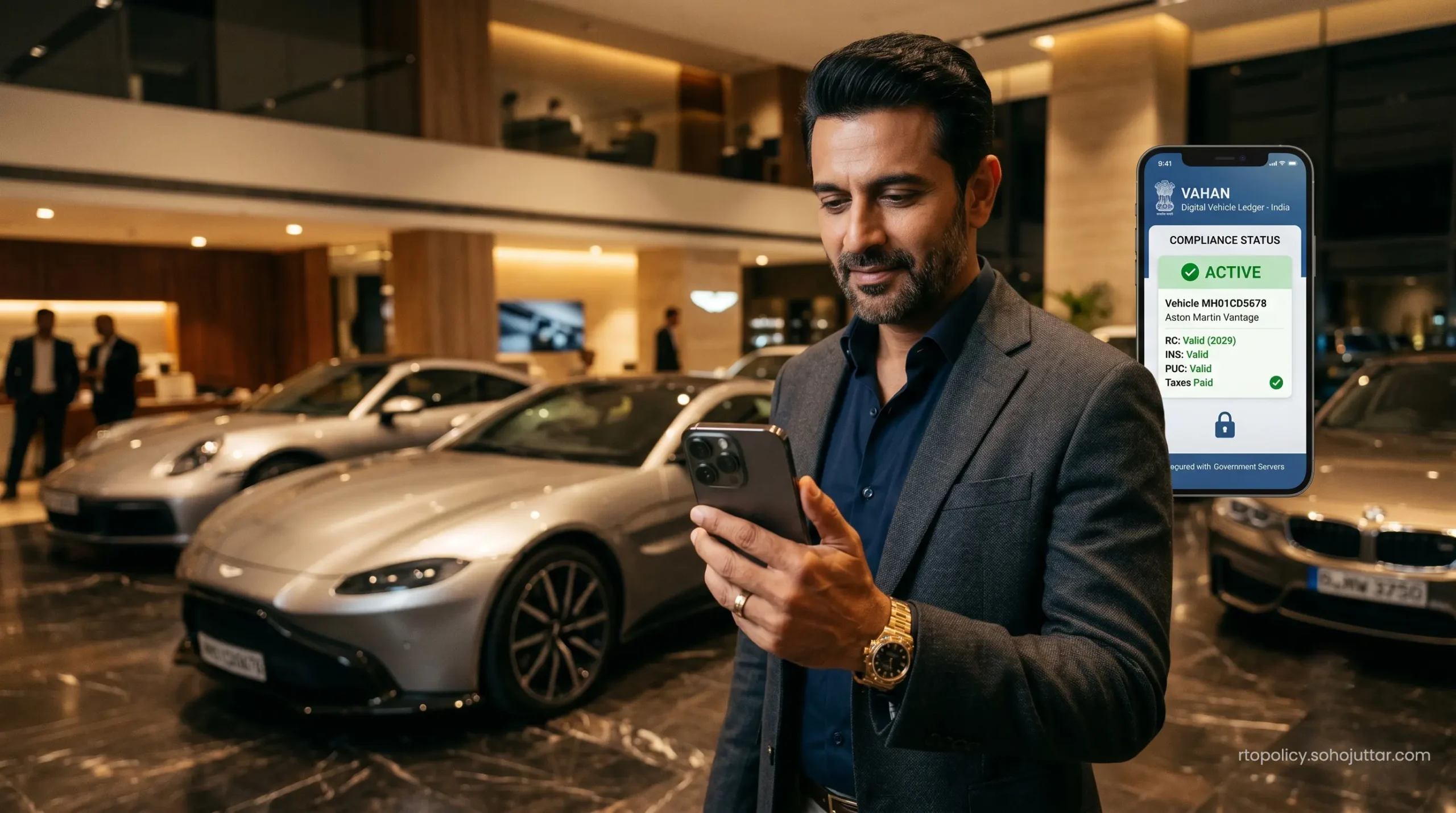 Reviewing verified digital vehicle compliance and registration records on the Vahan portal using a high-end mobile device.