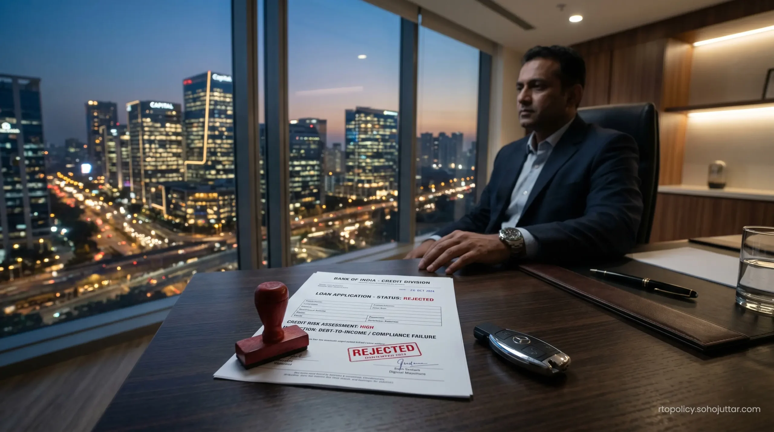 Stamped pre-approved vehicle finance options dossiers with a rejection notice next to a luxury car keyless remote.