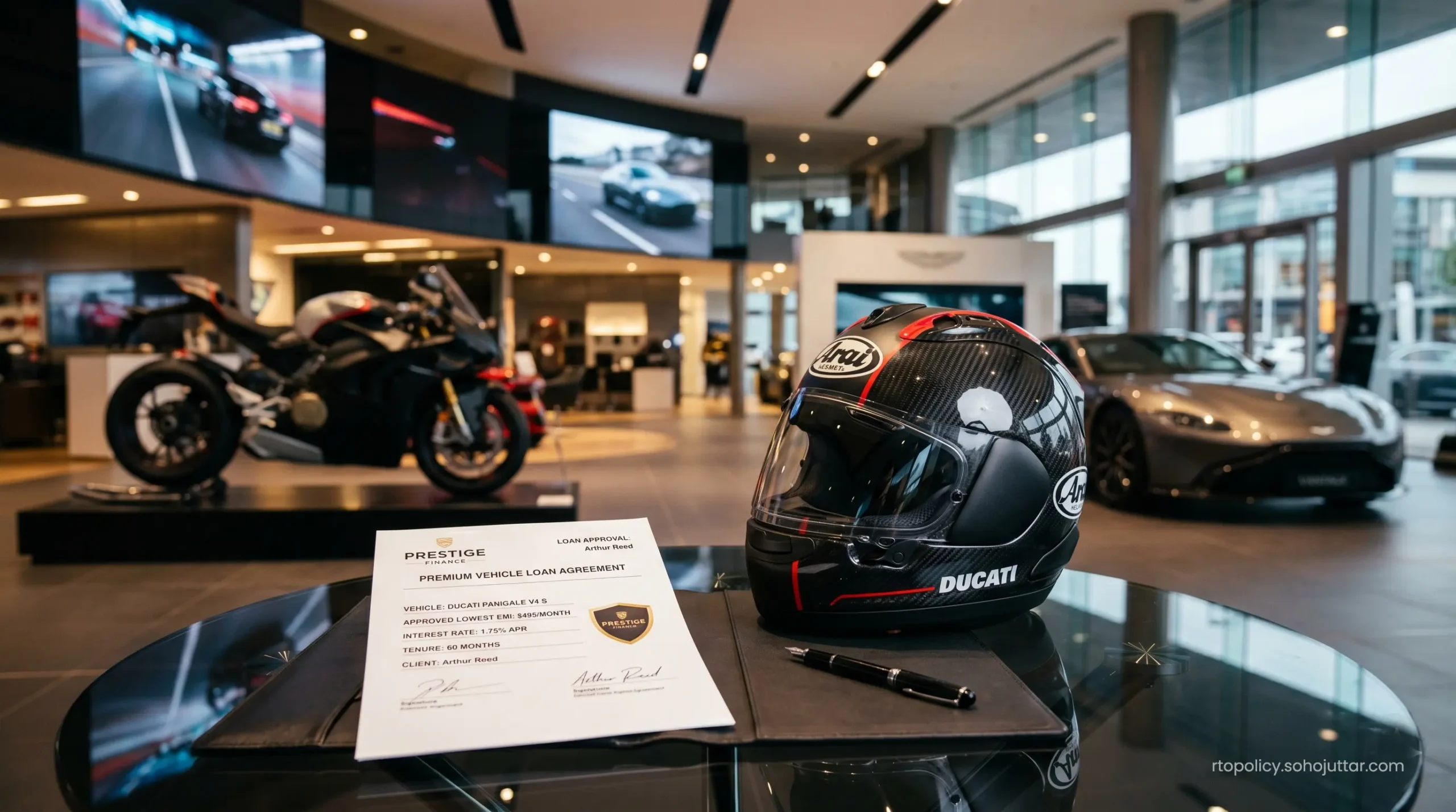 An approved document for competitive vehicle finance options next to a premium motorcycle helmet.